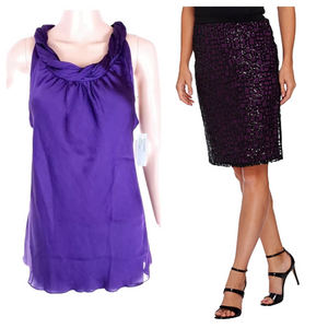 Purple Satin Sleeveless Blouse & Black & Purple Sequin Skirt Outfit Bundle Small